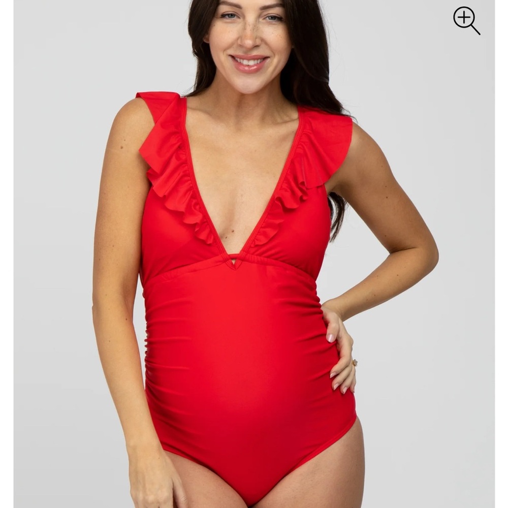 Pink Blush: Red Ruffle Tie Maternity One-Piece Swimsuit